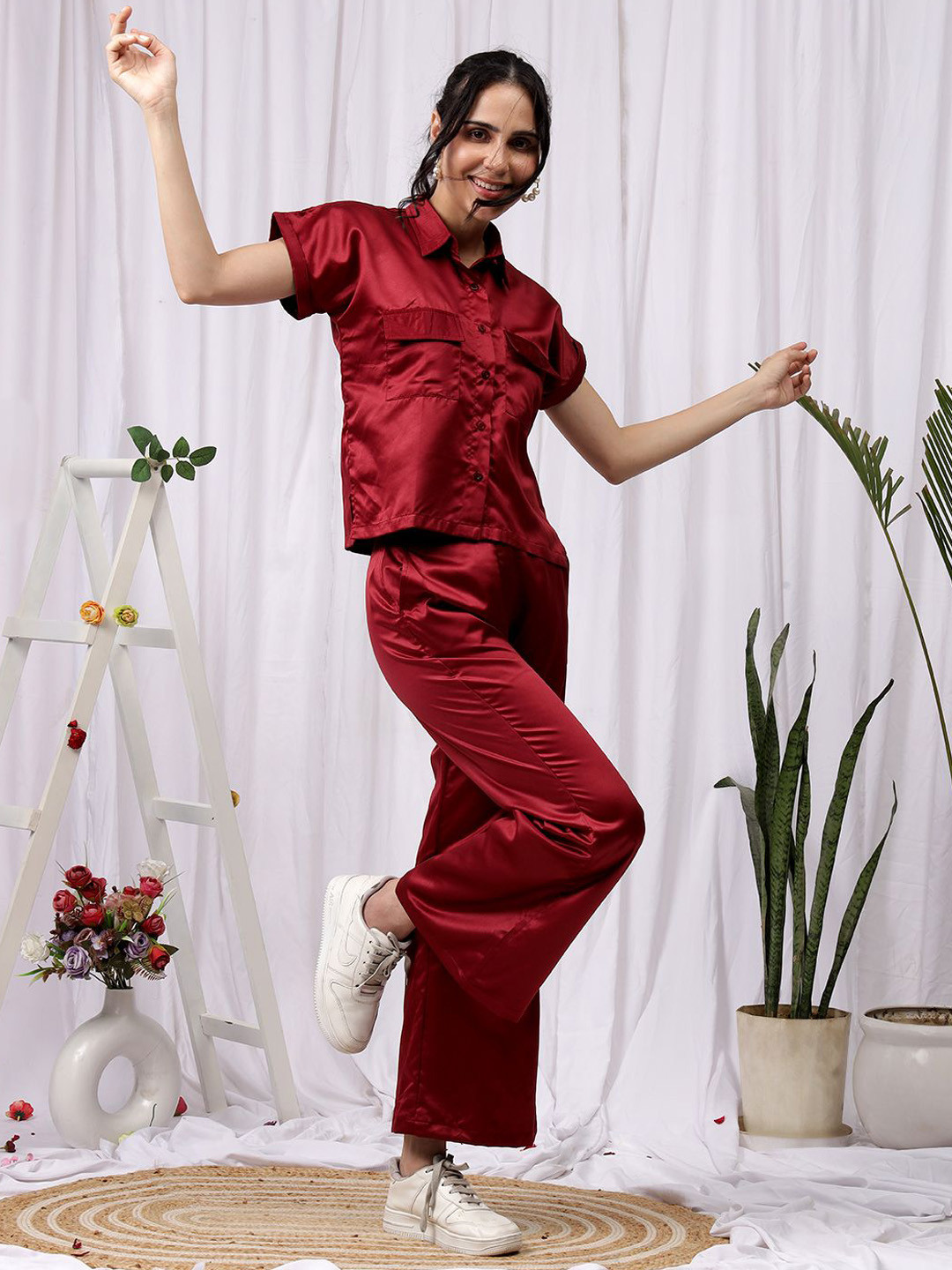 NEUDIS Shorts Sleeves Satin Shirt With Wide Leg Trouser