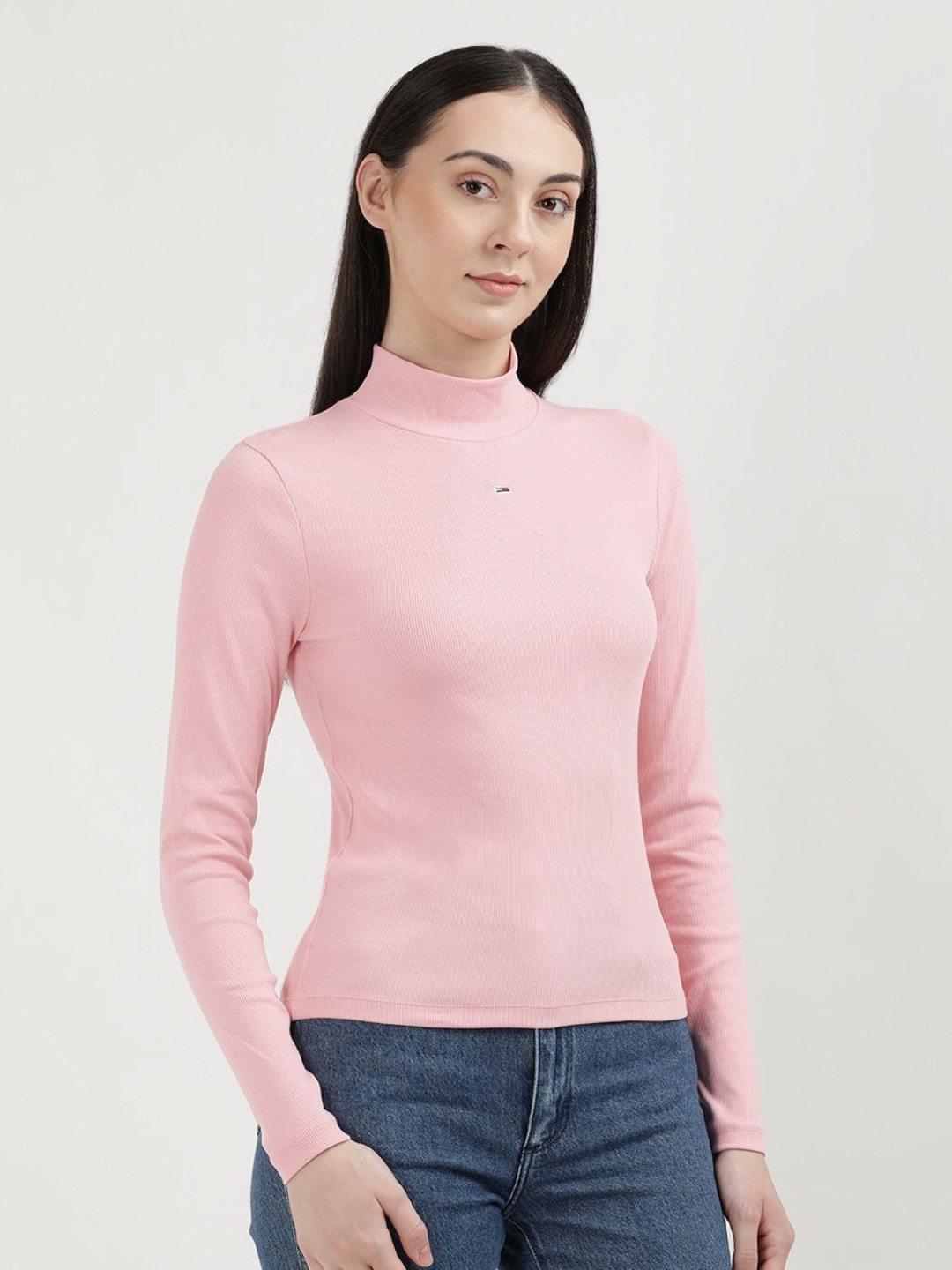 Tommy Hilfiger Women Solid High Neck Cut Outs Slim Fit T-shirt