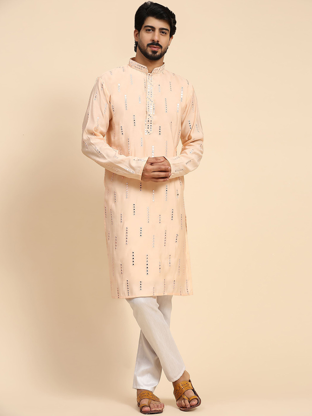 Rawayi Geometric Embroidered Mirror Work Mandarin Collar Pure Silk Straight Kurta