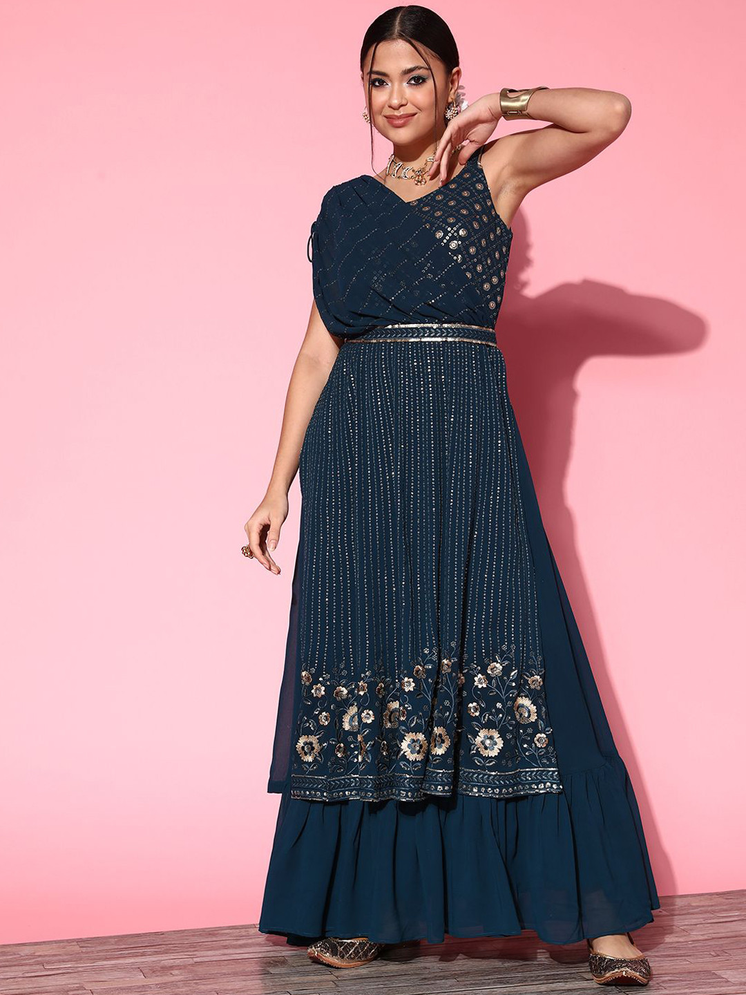 Sangria Women Embroidered A-Line Draped Flared Gown Ethnic Dress