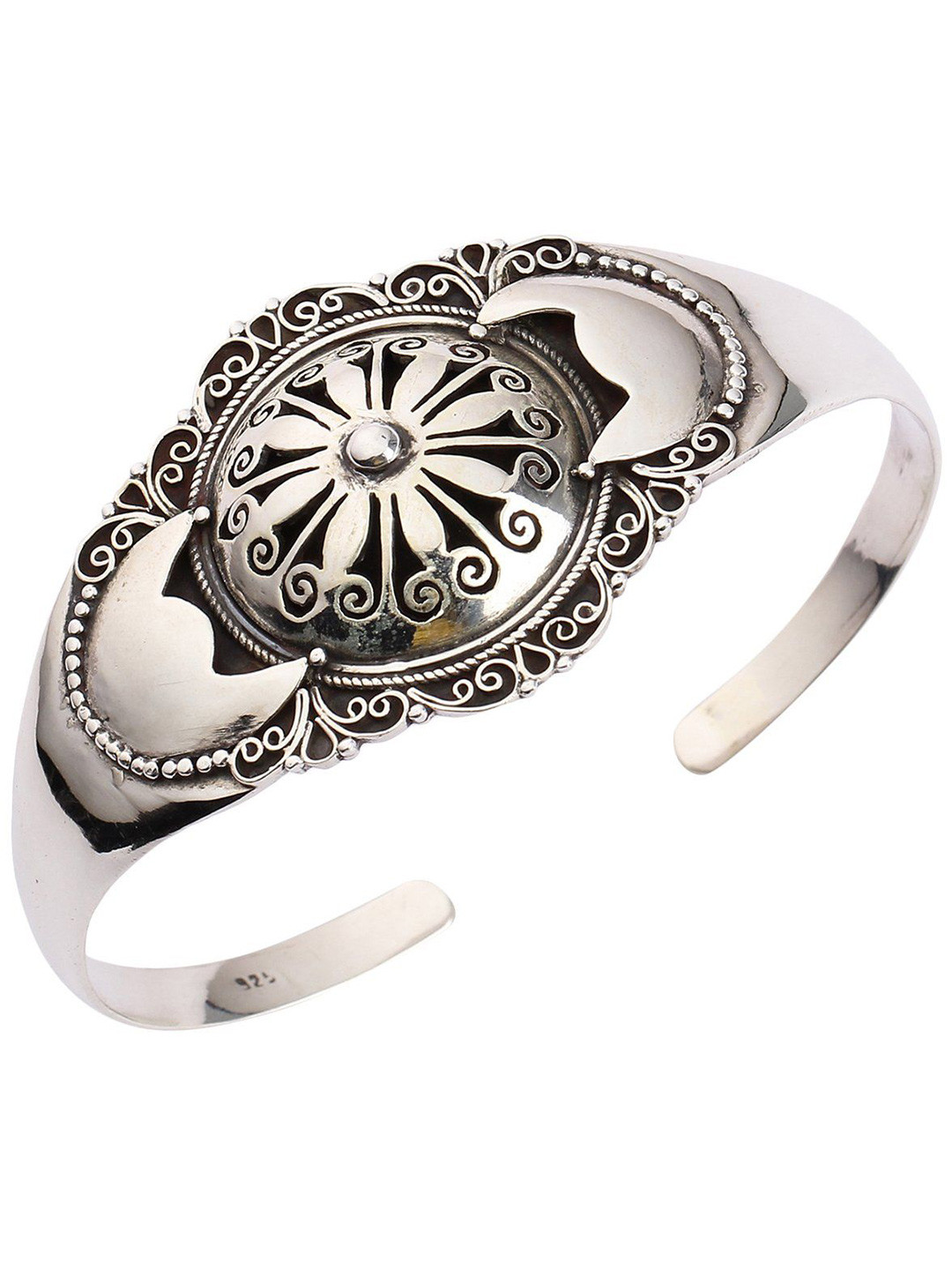 Exotic India Sterling Silver Emboss Flower Adjustable Bracelet