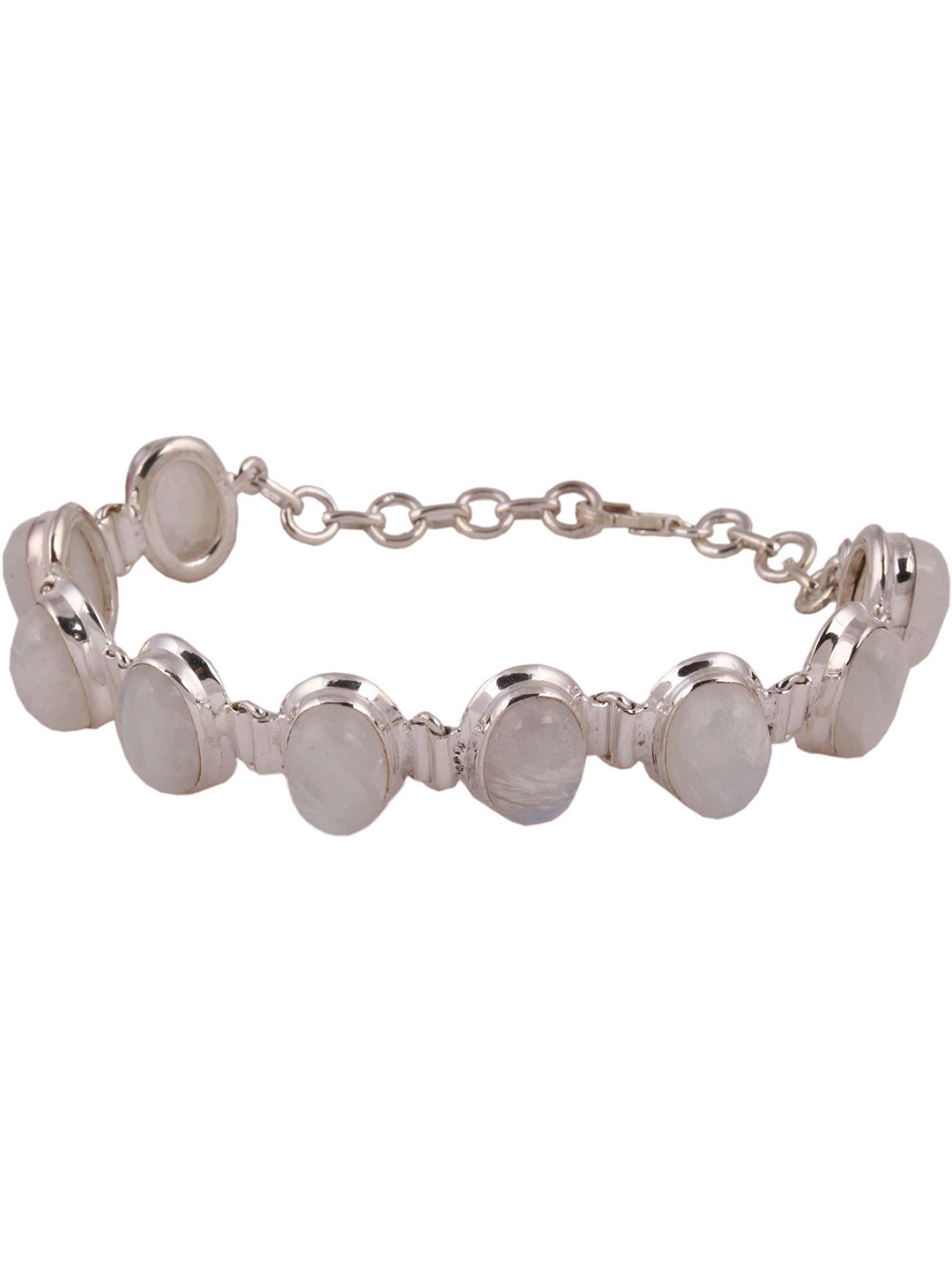 Exotic India Rainbow Moonstone Cabochon Sterling Silver Studded Bracelet