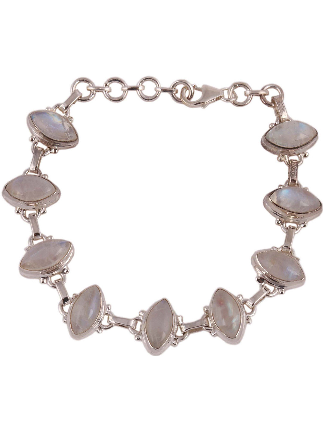 Exotic India Rainbow Moonstones Marquise Sterling Silver Bracelet