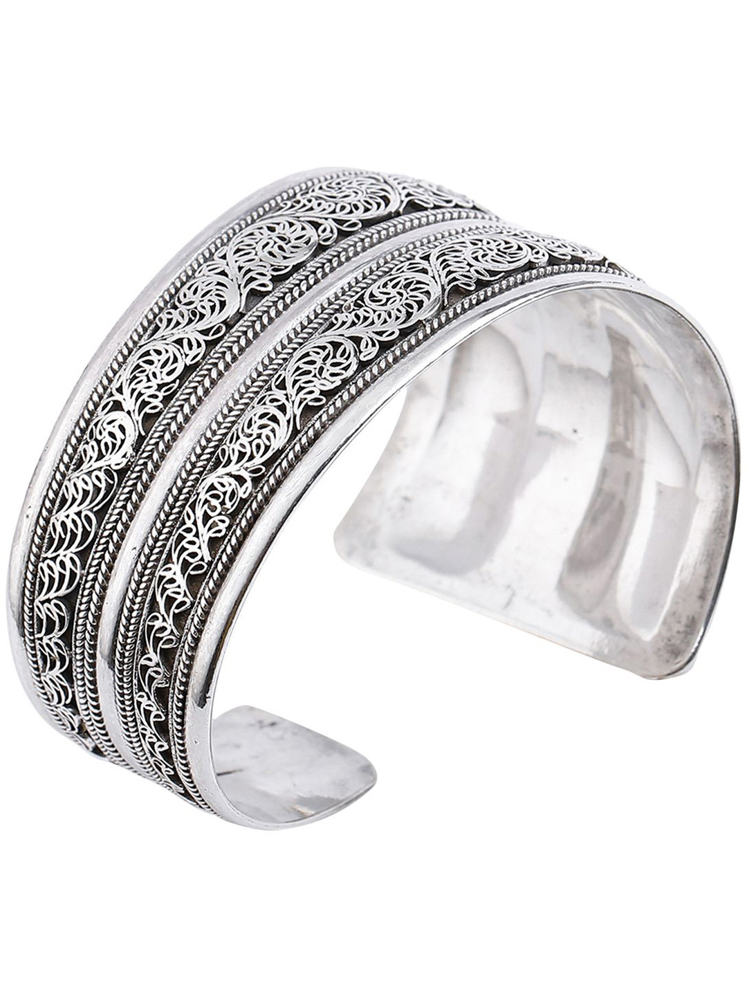 Exotic India Sterling Silver Assymetric Filigree with Twisted Rope Design Cuff Bracelet