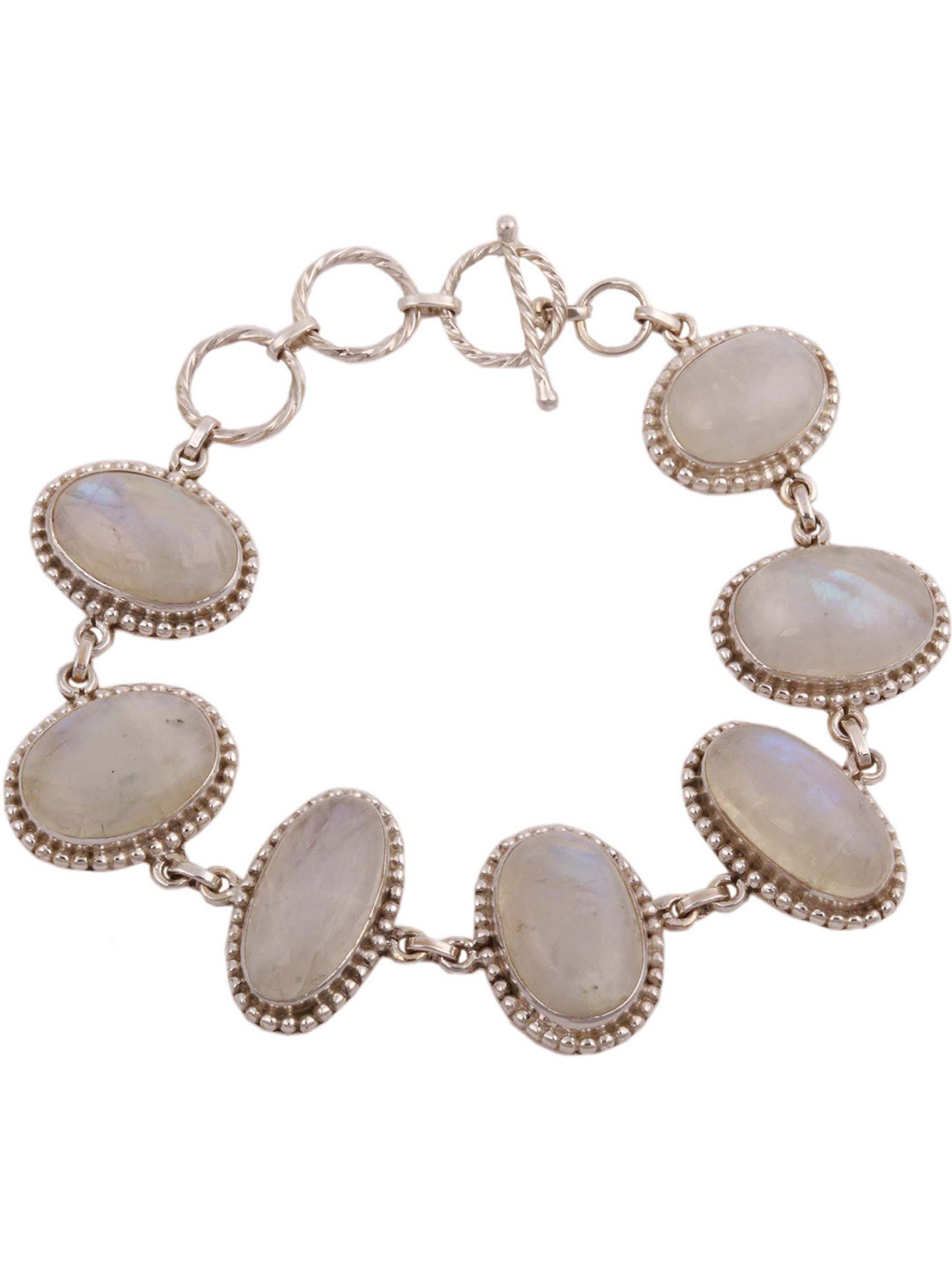 Exotic India Cabochon Rainbow Moonstone Sterling Silve Studded Bracelet