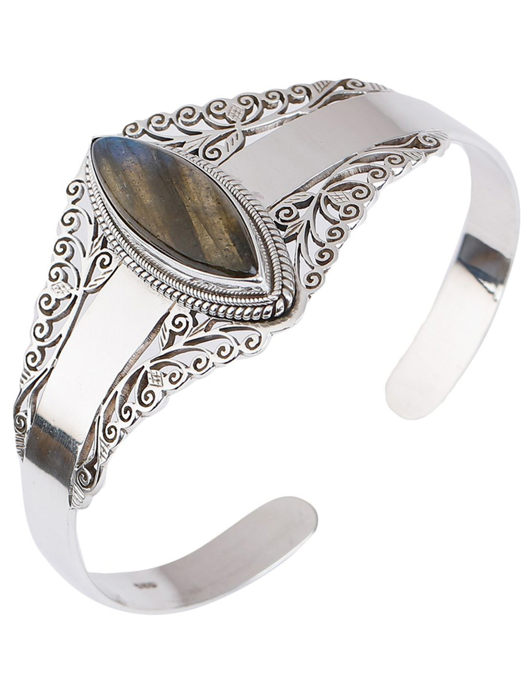 Exotic India Labradorite Marquise Cut Sterling Silver Cuff Bracelet