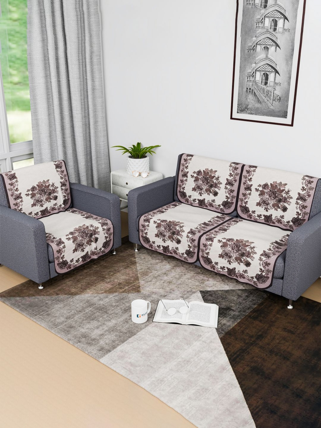Kuber Industries Brown & Purple 6 Pieces Floral Printed Cotton Sofa Covers
