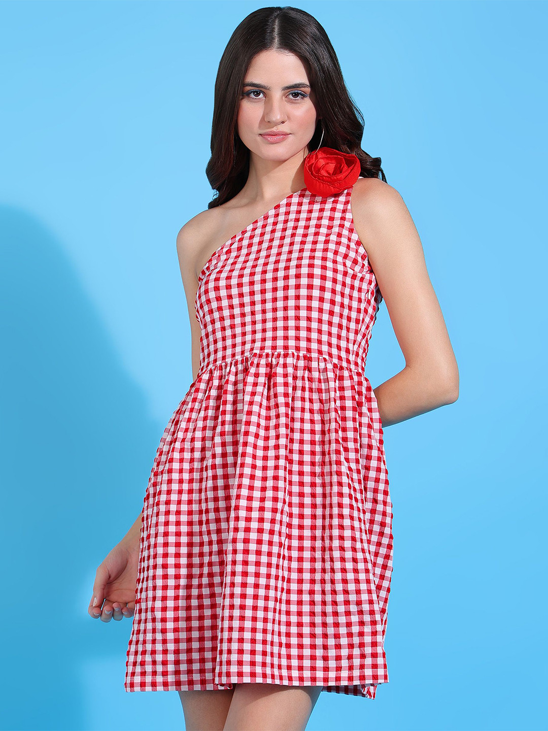 DODO & MOA Red Checked One Shoulder Knee Length Dress