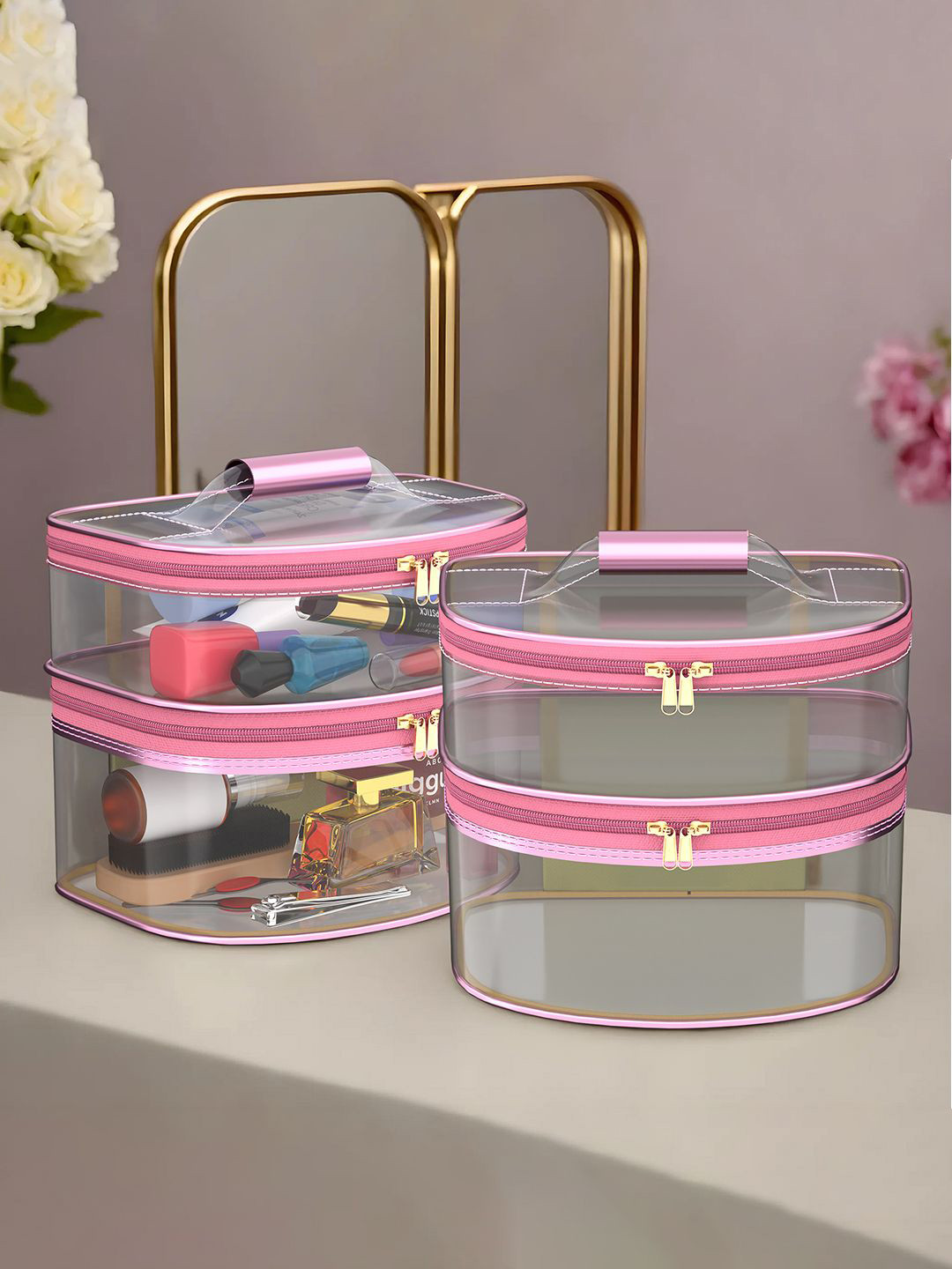 Kuber Industries 2 Pieces Pink D Shape-Design Dual Layer Makeup Bag With Handle