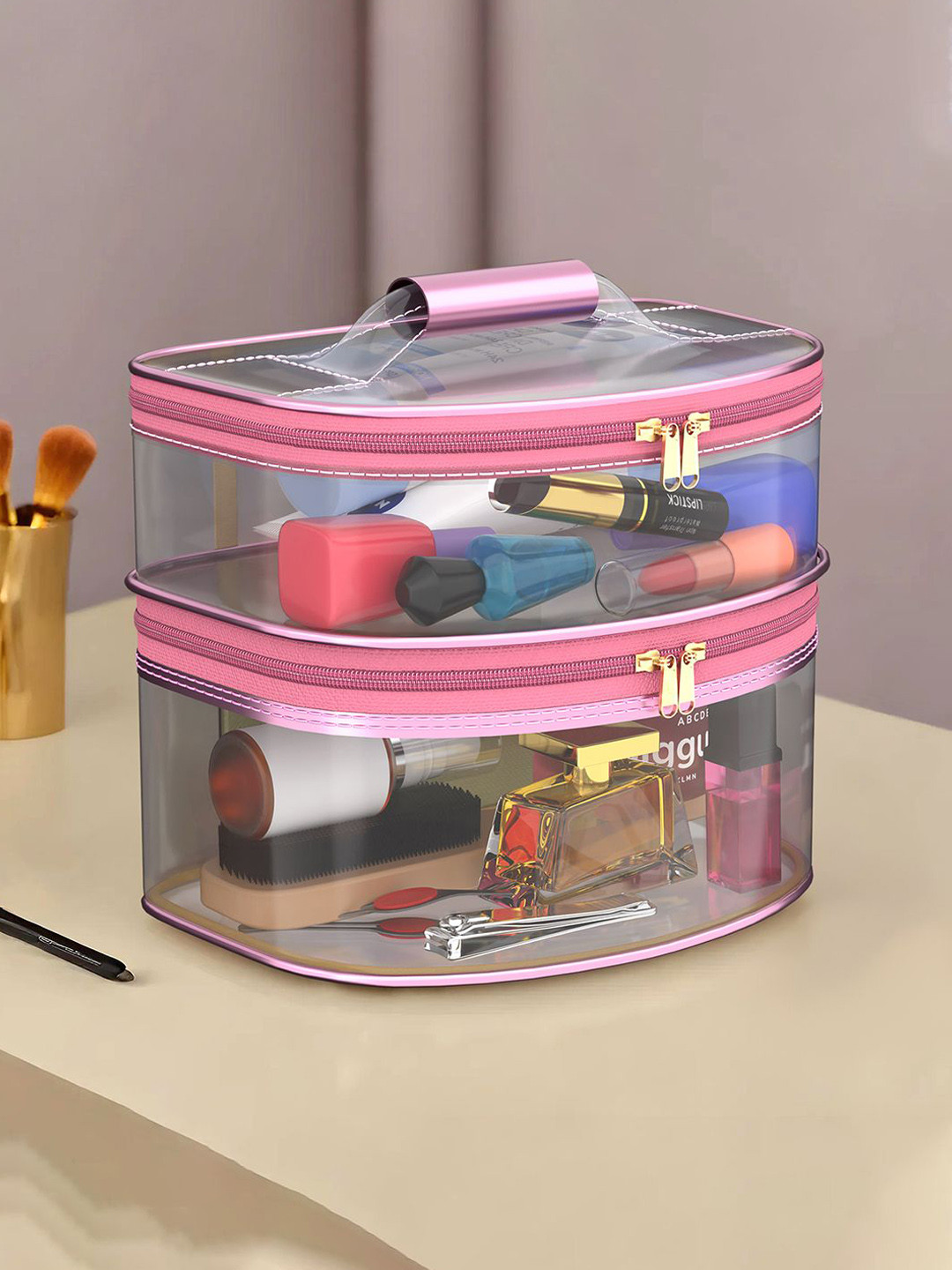 Kuber Industries Pink D Shape-Design Dual Layer Makeup Bag With Handle