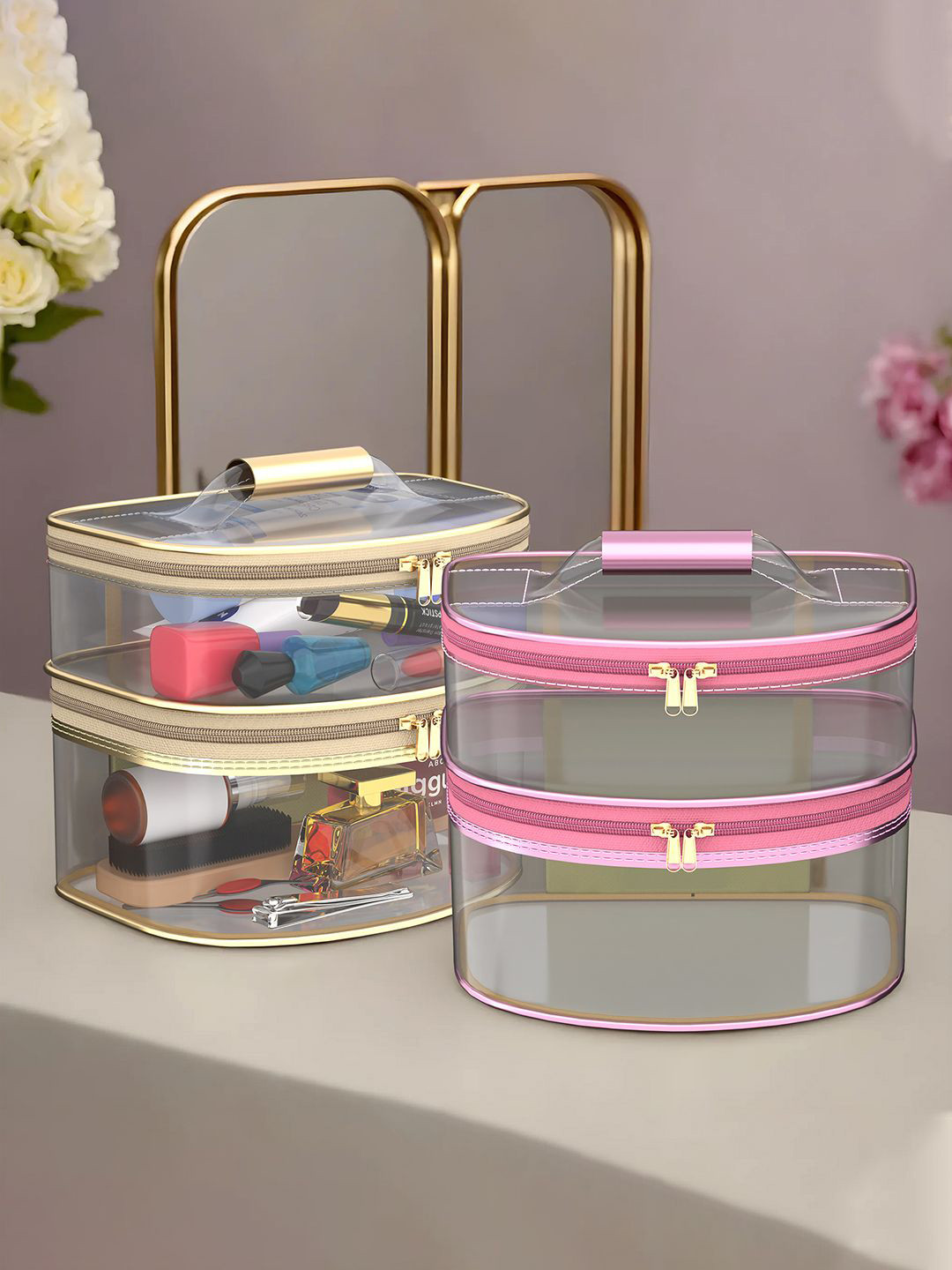 Kuber Industries 2 Pieces Pink & Golden D Shape-Design Dual Layer Makeup Bag With Handle