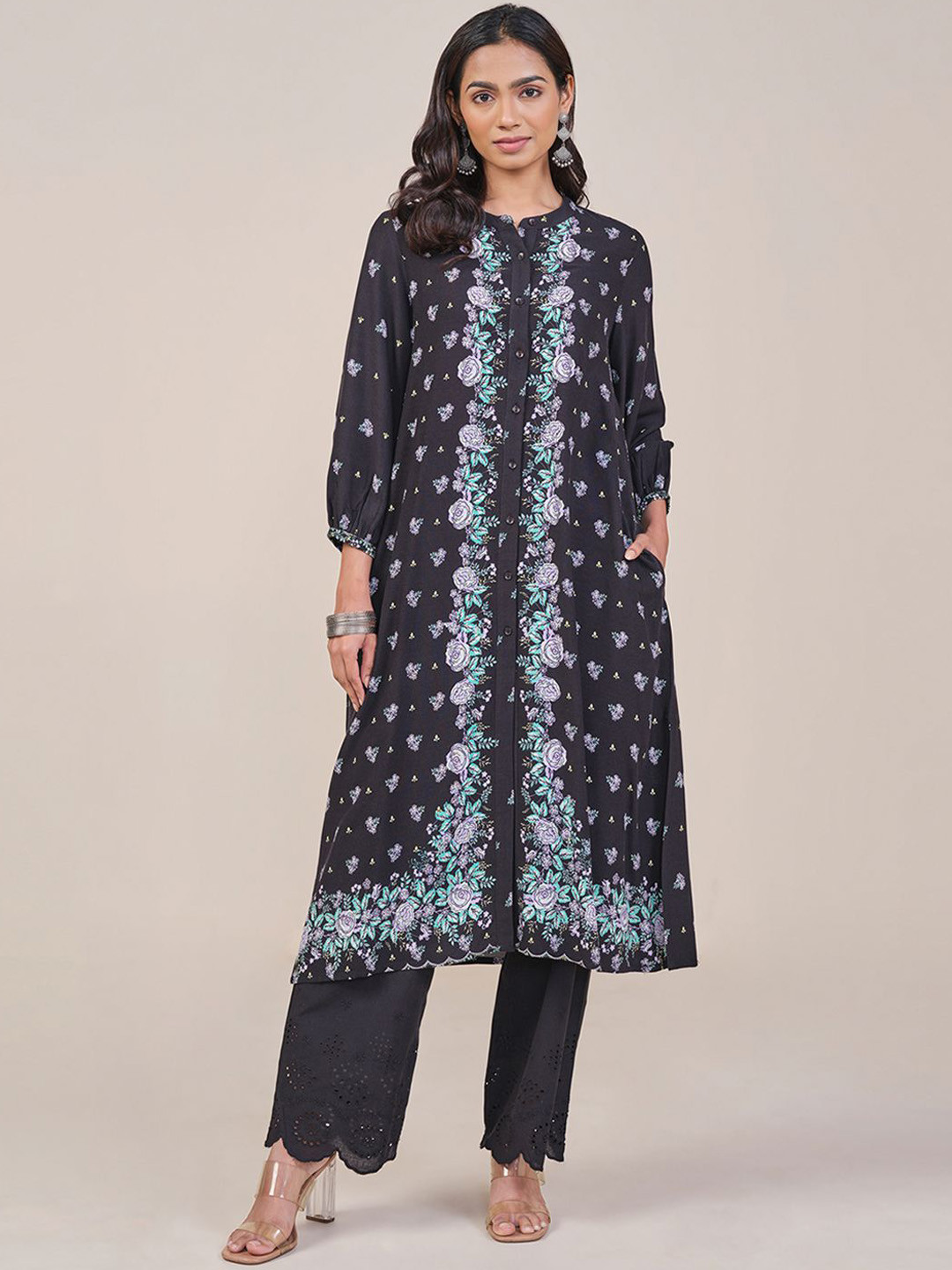 Global Desi Floral Printed Band Collar A-Line Kurta