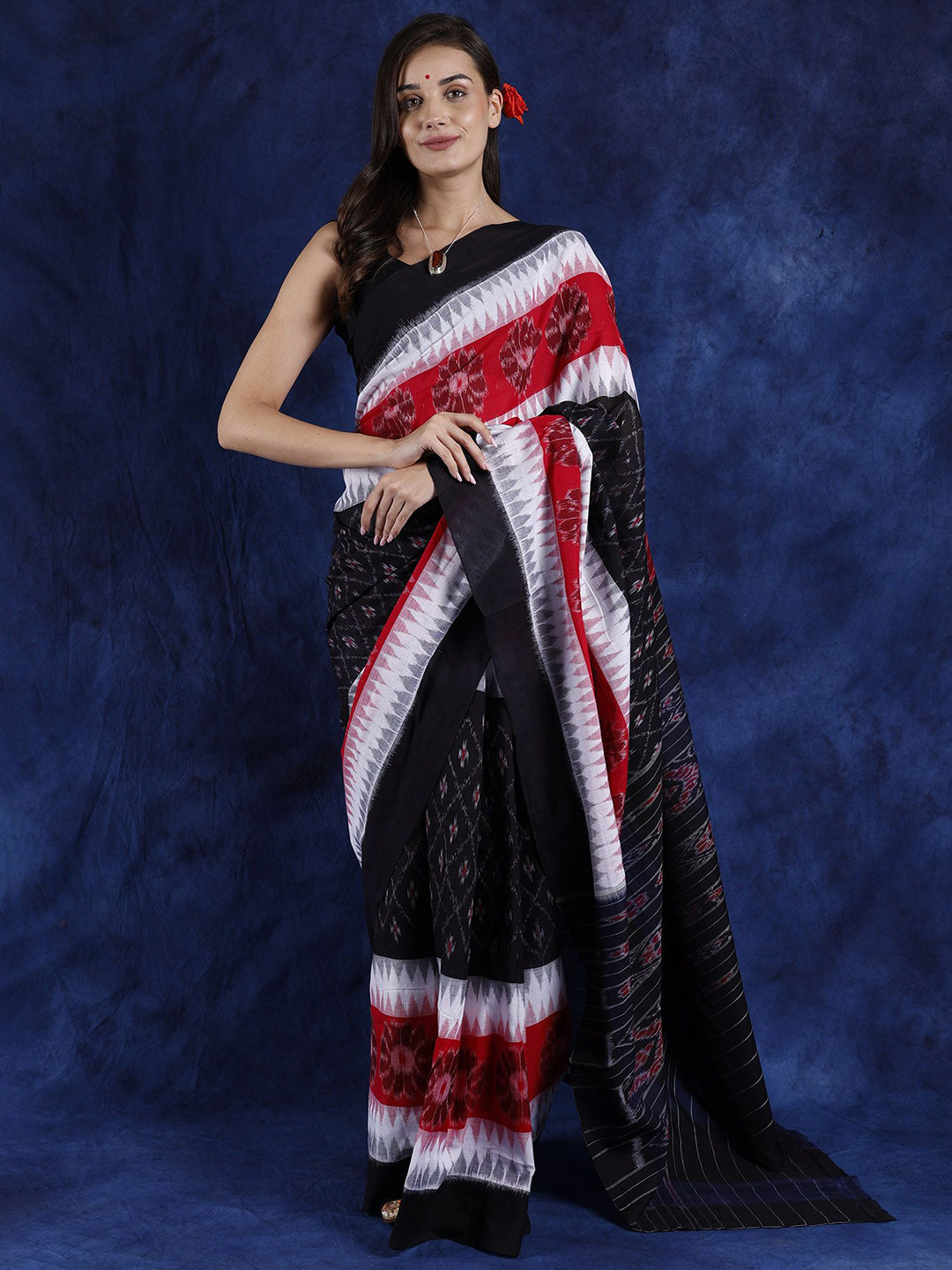 Exotic India Pure Cotton Tri-Color Sambalpuri Handloom Temple Border Saree with Woven Ikat