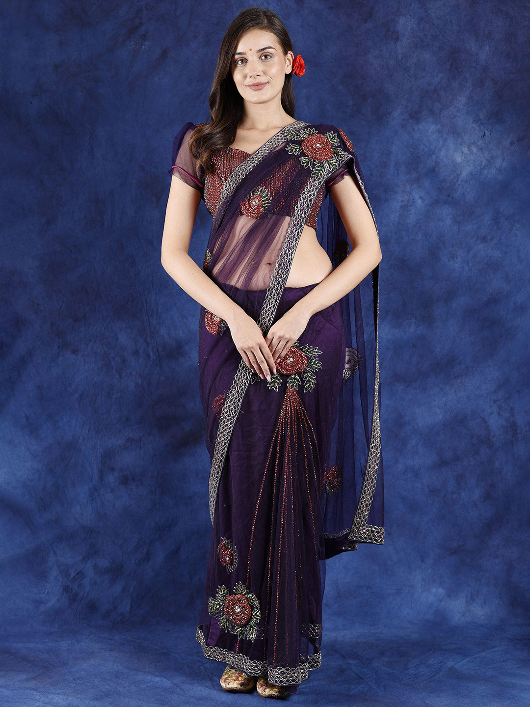 Exotic India Vintage Parachute Purple Net Saree with Floral Embroidered Beads and Crystals