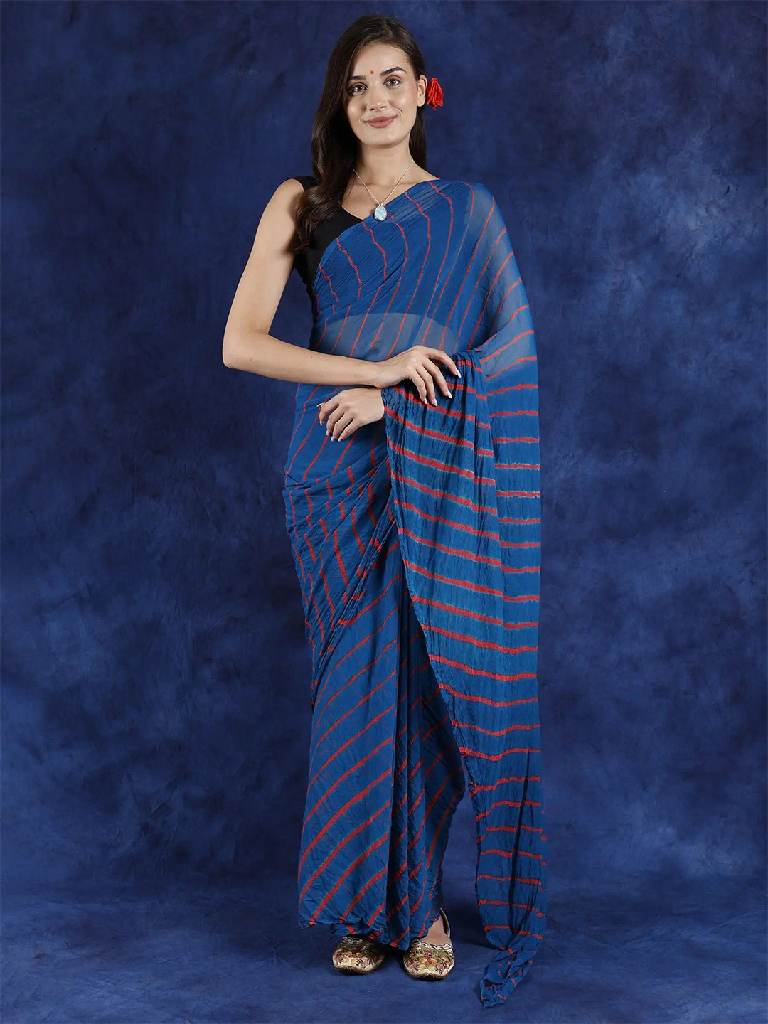 Exotic India Leharia Tie-Dye Chiffon Lyons Blue Saree