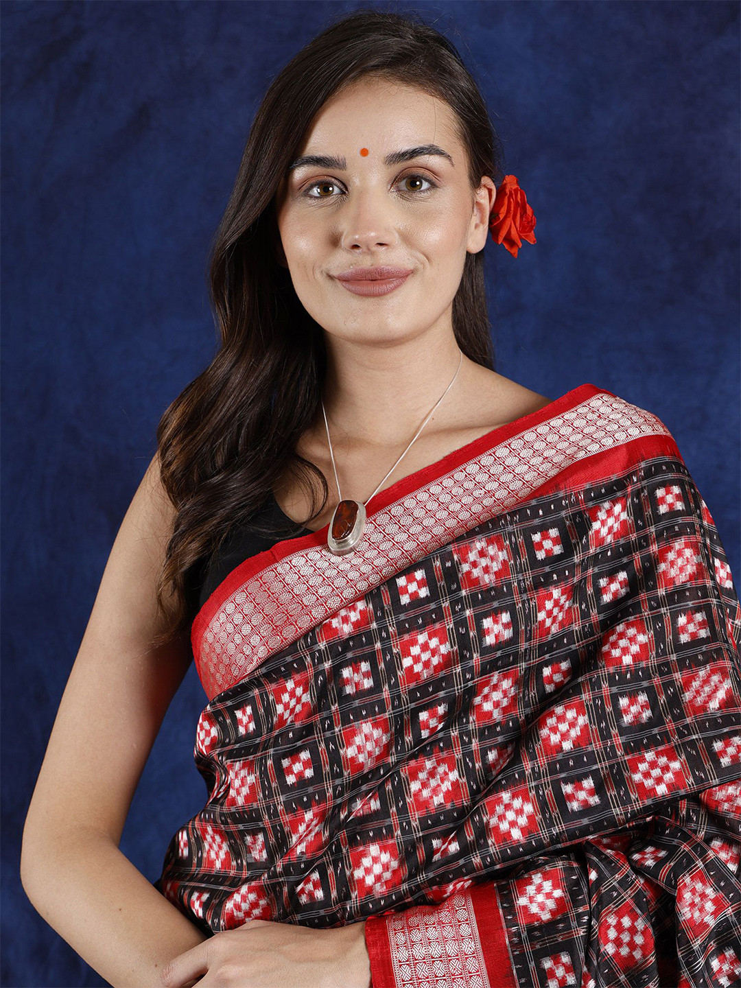 Exotic India Shakta Black & Red Ikat Sambalpuri Saree with Woven Checks