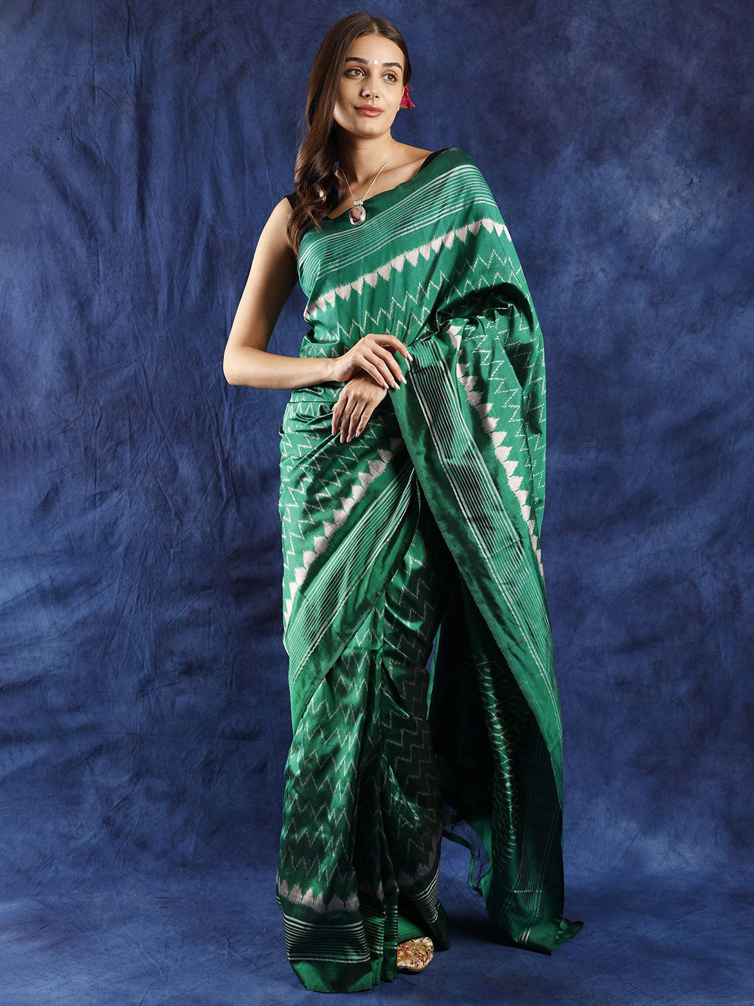 Exotic India Soothing Lush Meadow Pochampally Saree with Ikat Woven Pallu