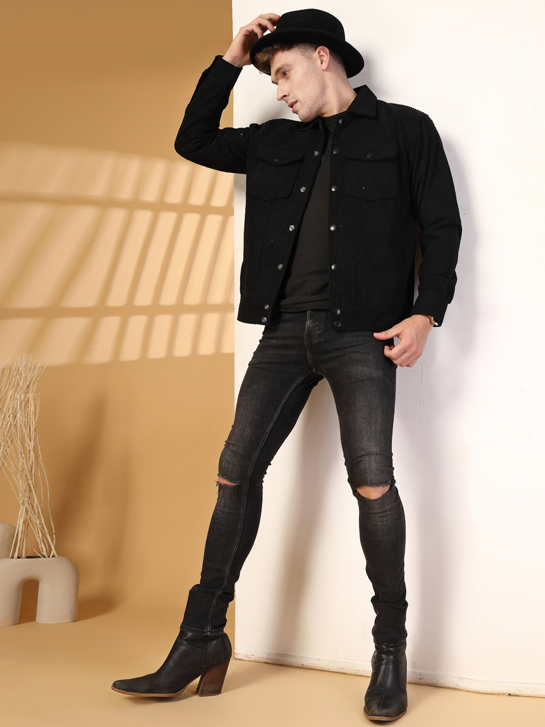 CHKOKKO Men Striped Corduroy Winter Wear Crop Jacket