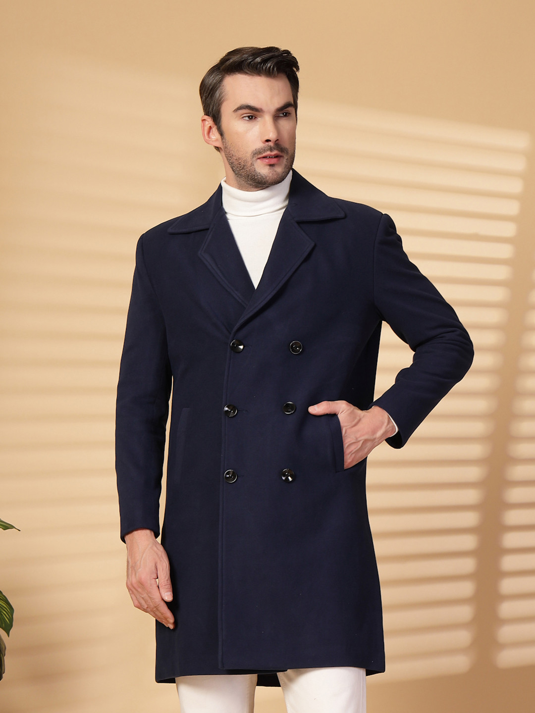 CHKOKKO Men Double-Breasted Overcoat