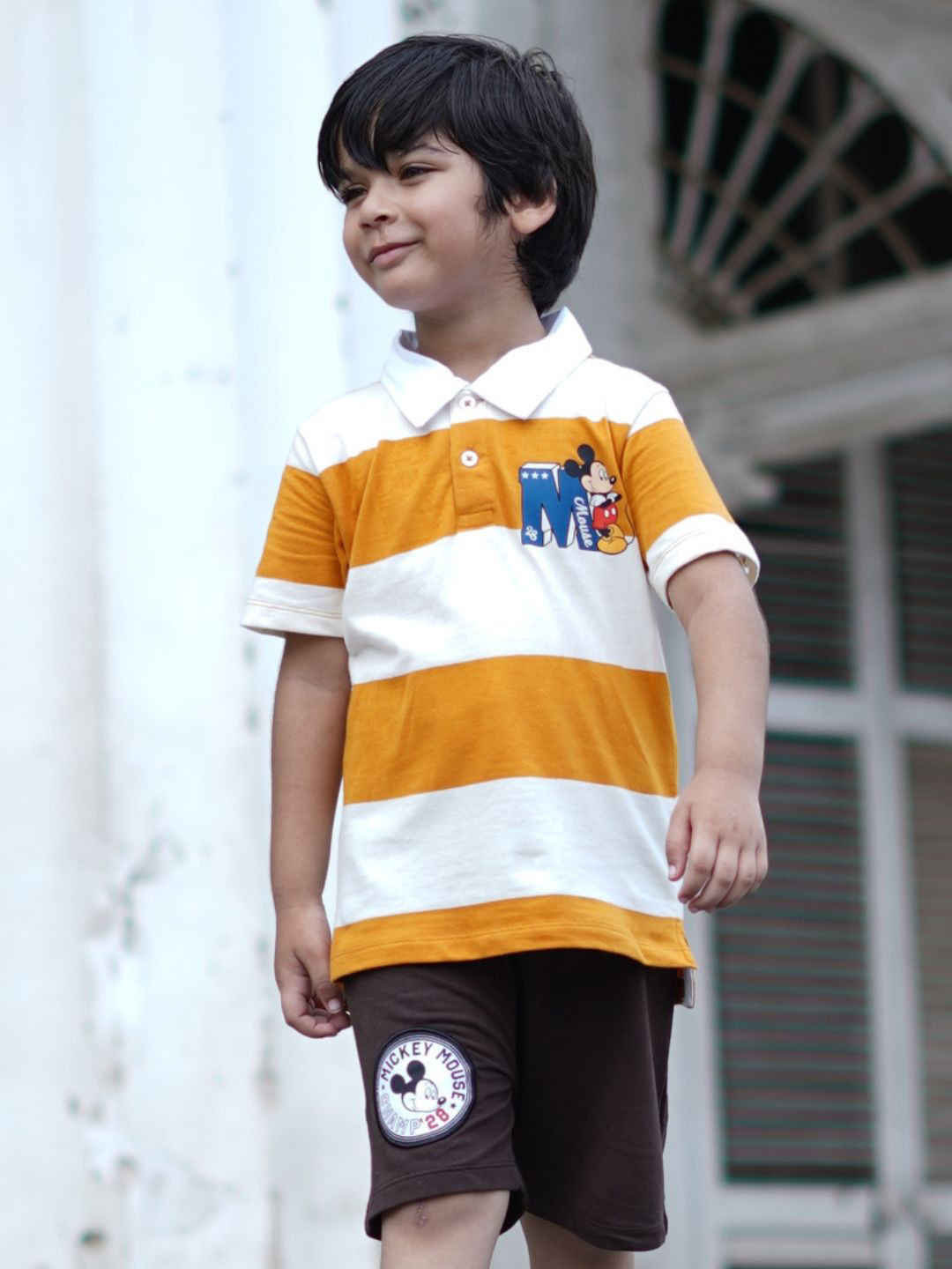 Nap Chief Kids Unisex Disney Mickey Mouse Polo Collar Striped Pure Cotton T-shirt with Shorts