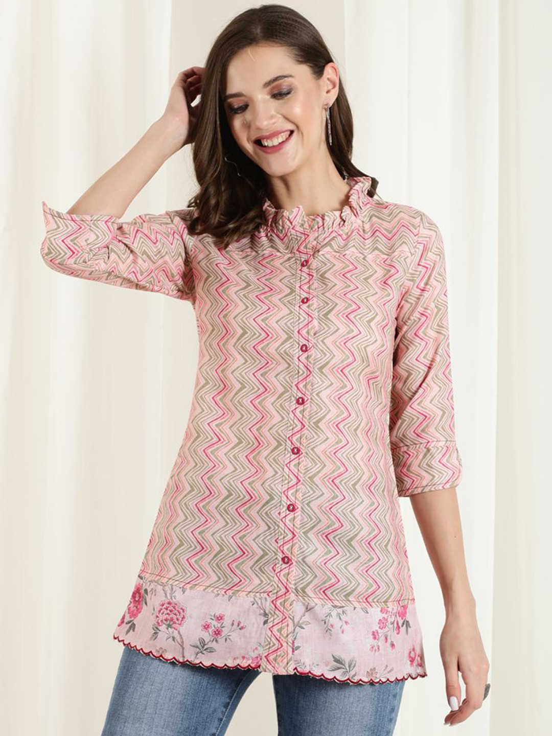 Jaipur Kurti Chevron Printed Frilled Neck A-Line Kurti