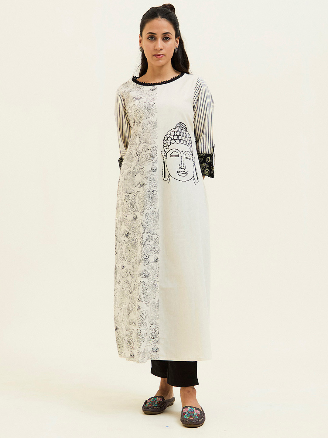 Jaipur Kurti Handblock Printed Buddha Embroidered A-line Kurta