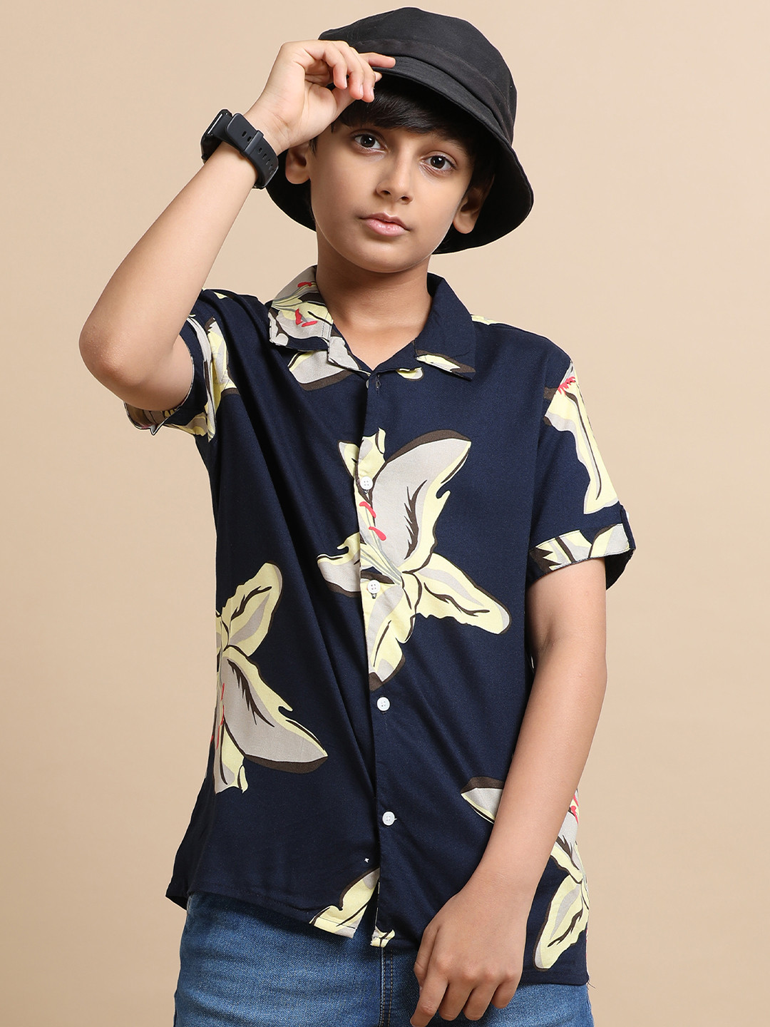 The Lion and The Fish Boys Relaxed Fit Flower Print Cuban Collar Shirt