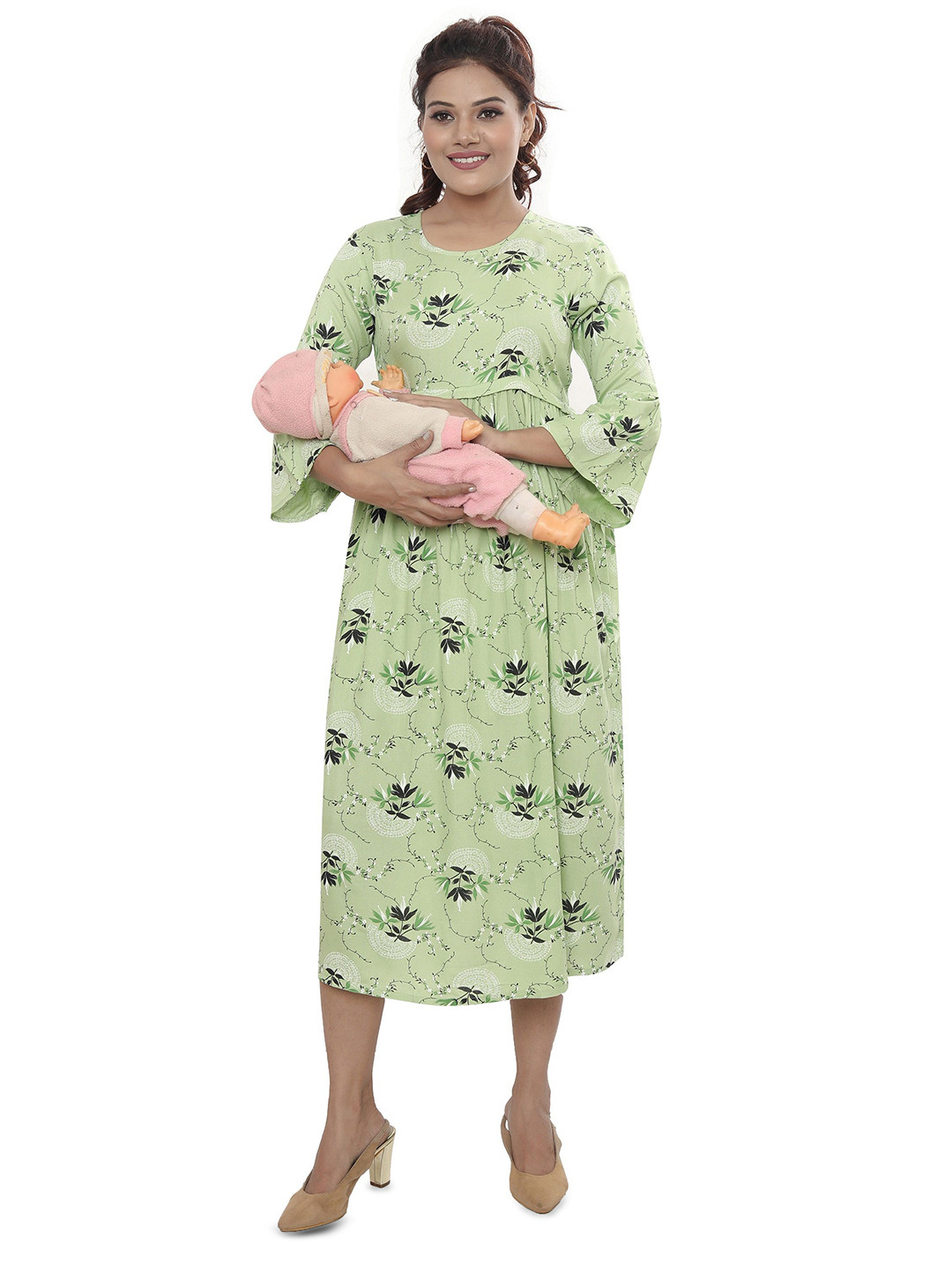 mama & bebe Floral Print Bell Sleeve A-Line Midi Maternity Feeding Dress with Zip