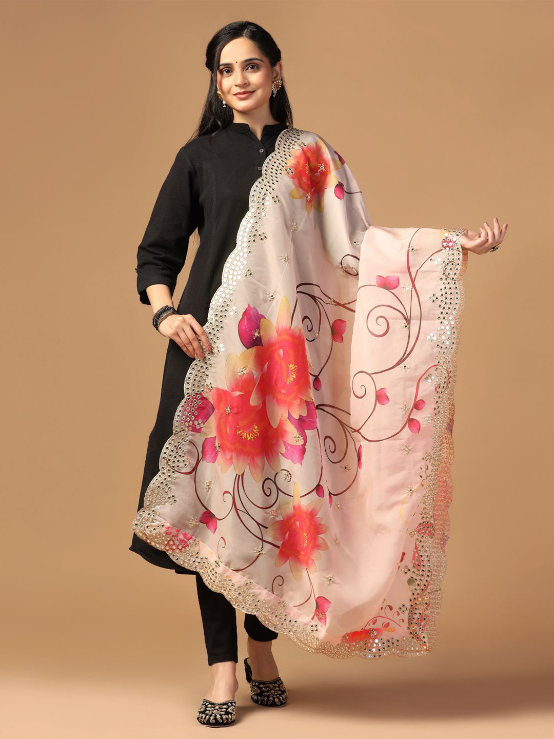 Kaizen TEXO FAB Floral Printed Mirror Work Organza Dupatta