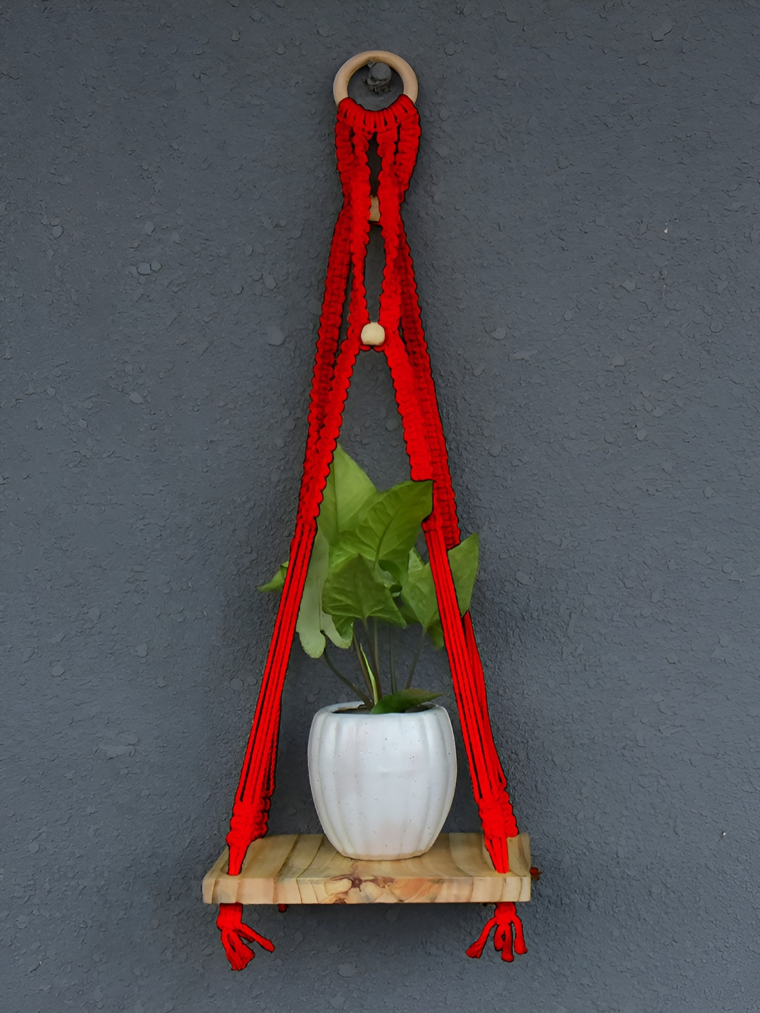 Gathari Red & Beige Wooden Macrame Wall Shelf