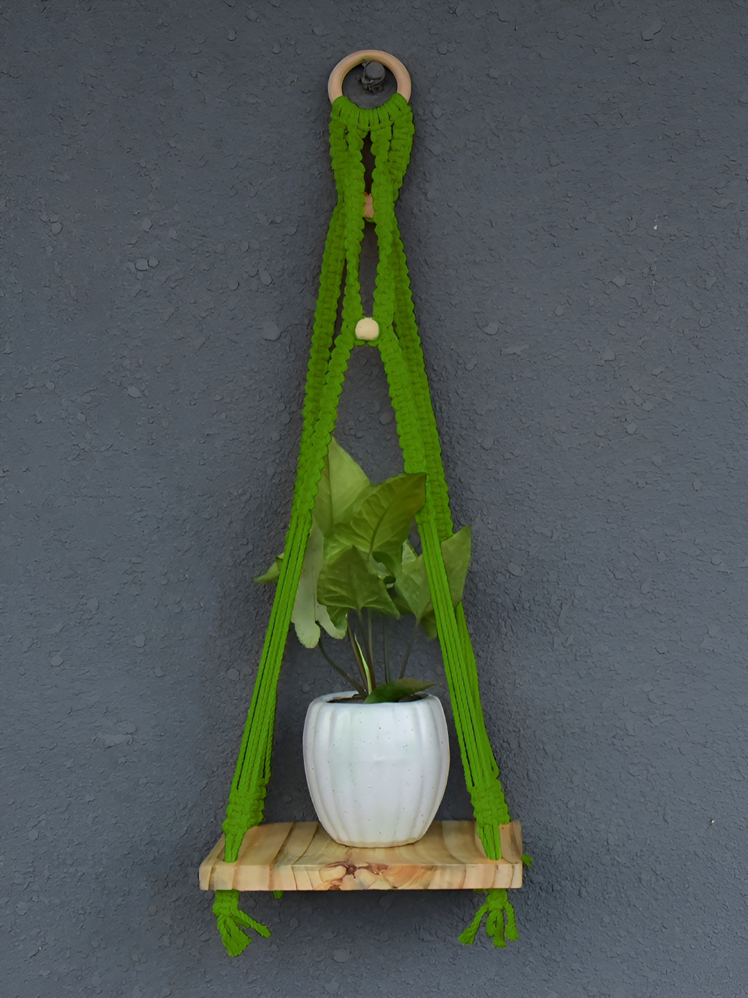Gathari Green & Beige Wooden Macrame Wall Shelf