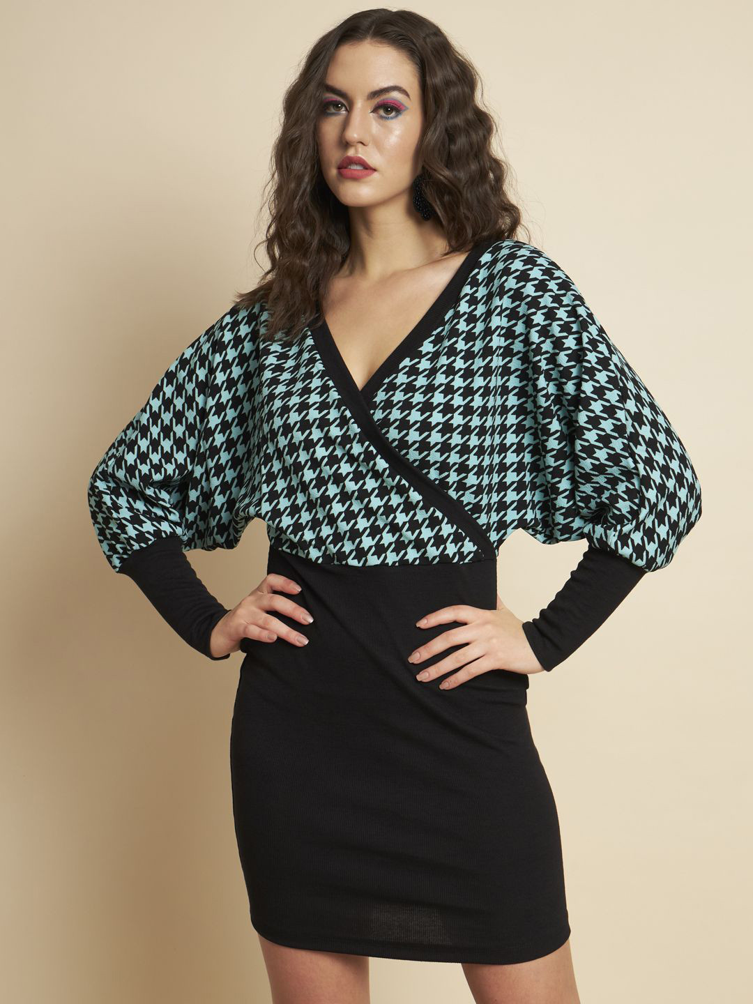 TANDUL Checked Cuffed Sleeve Wrap Dress