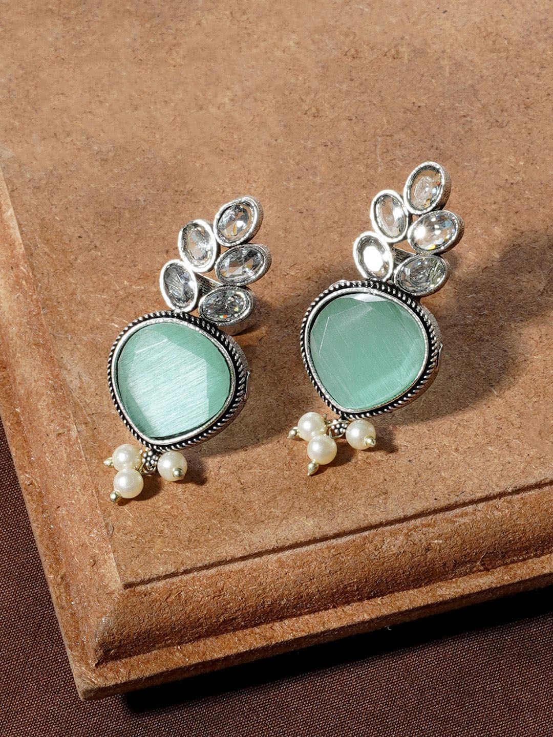 TEEJH Silver Classic Stone Studded & Beaded Whispering Drop Earrings