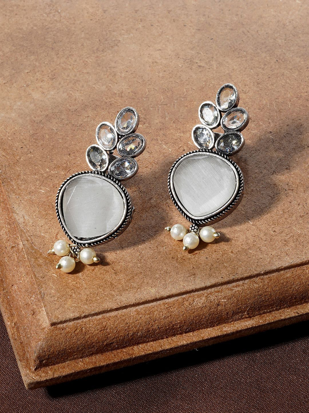 TEEJH Whispering Stones Studded Classic Oxidised Drop Earrings