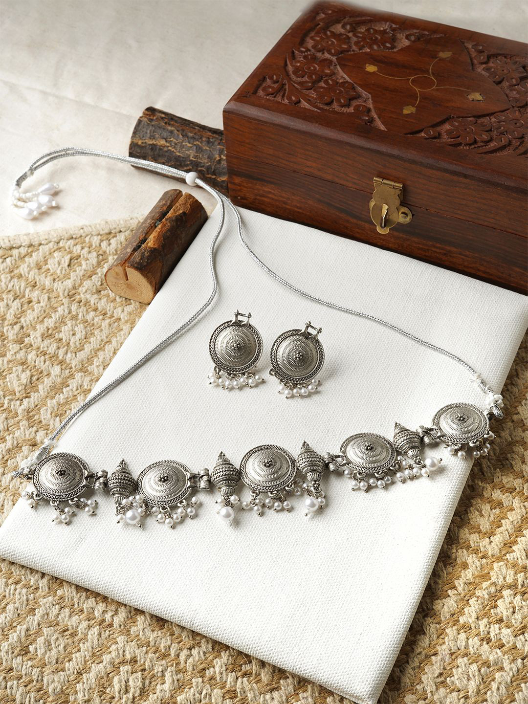 TEEJH Dogra Silver Beaded Oxidised Jewellery Set