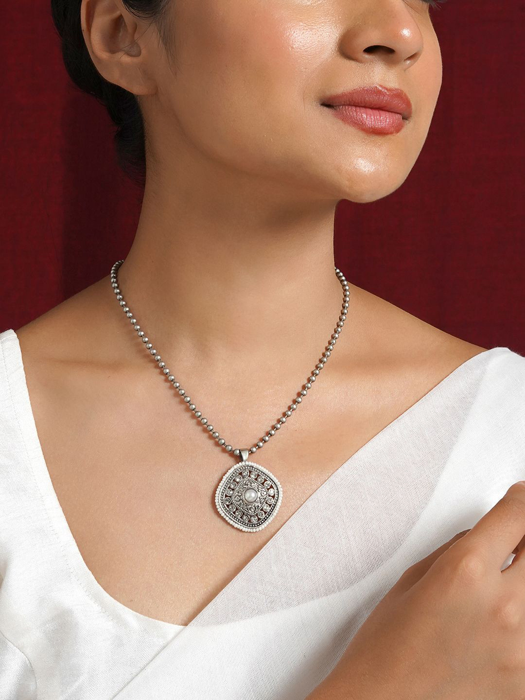TEEJH Jahanzeb Silver-Plated Oxidised Pendant With Chain