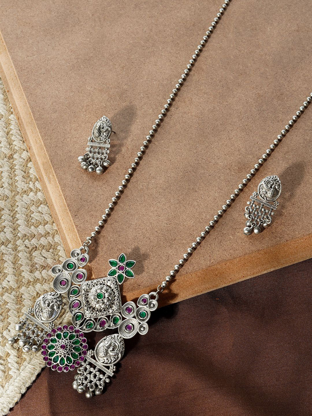 TEEJH Nanda Silver Stone-Studded Oxidised Jewellery Set