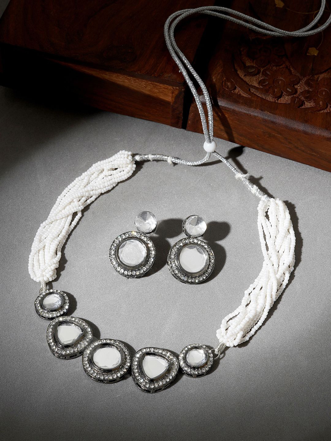 TEEJH Padmini Silver Stone-Studded & Beaded Oxidised Jewellery Set