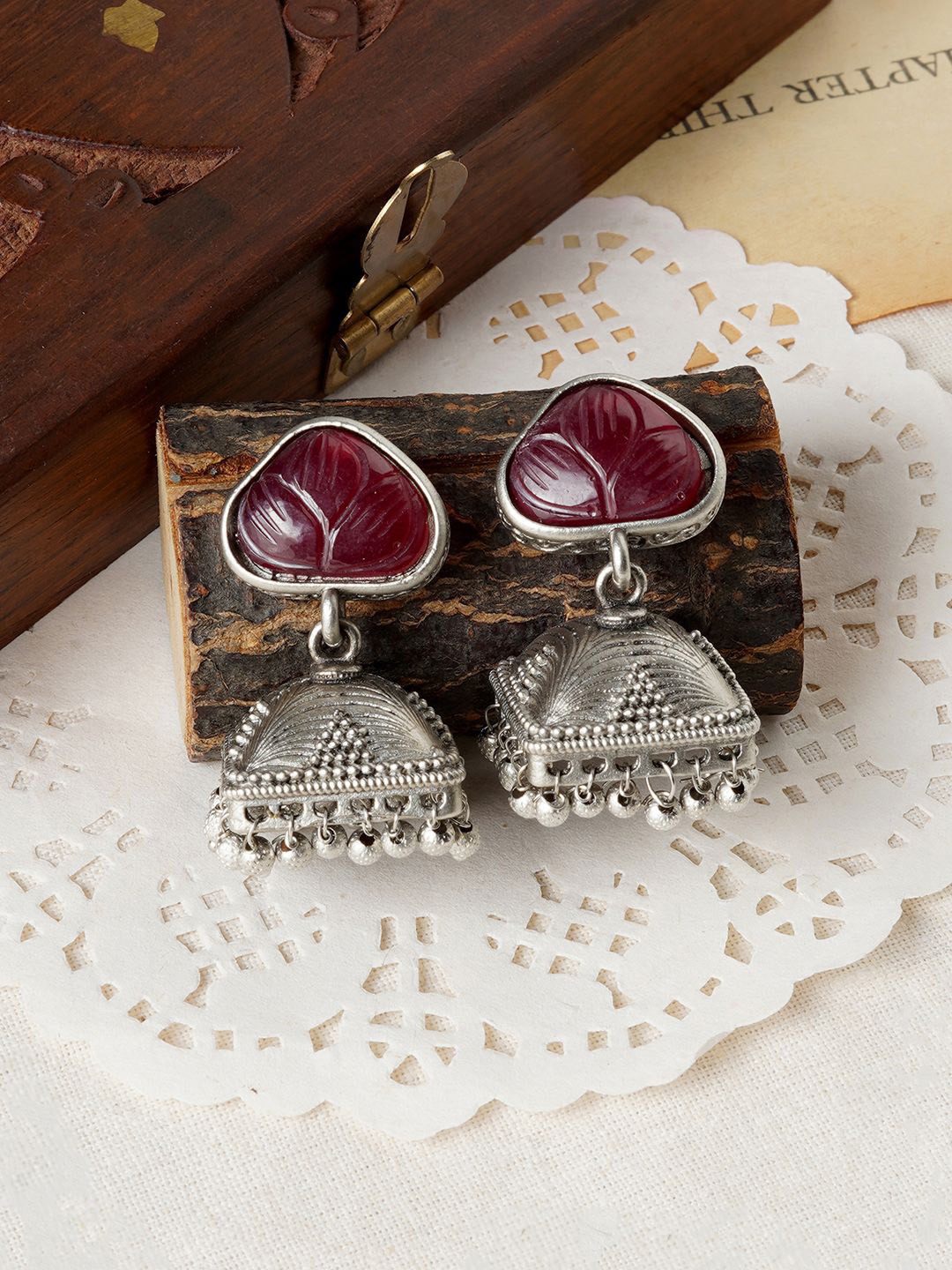 TEEJH Oxidised Dome Shaped Ruby Studded Jhumkas