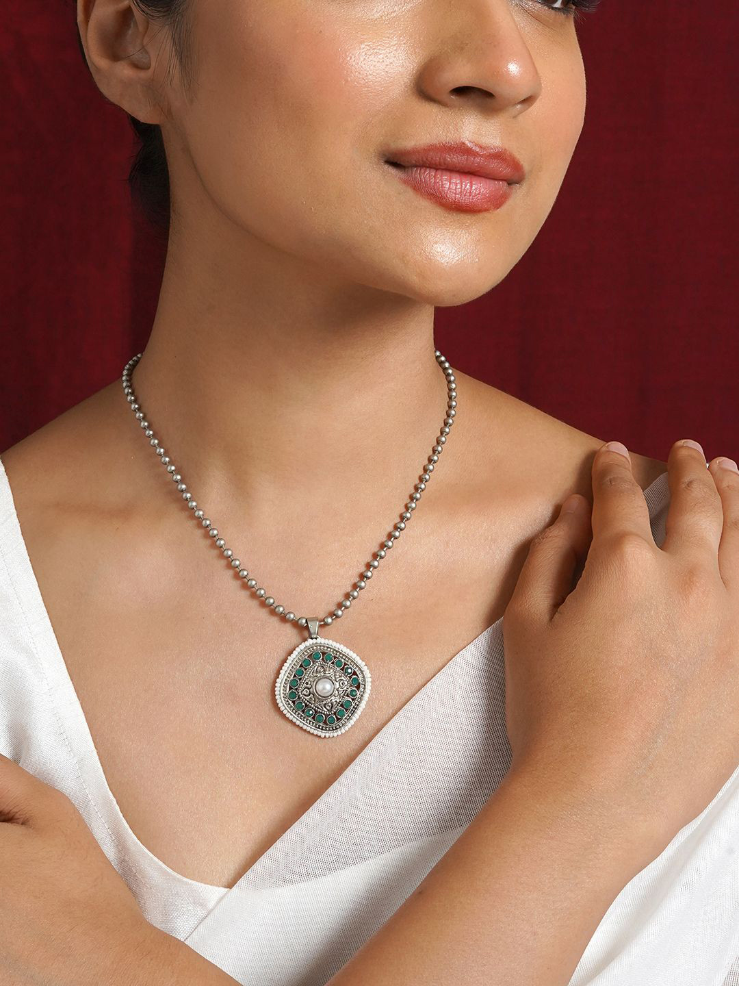 TEEJH Ahilyabai Silver-Plated Stones Studded Contemporary Pendant with Chain