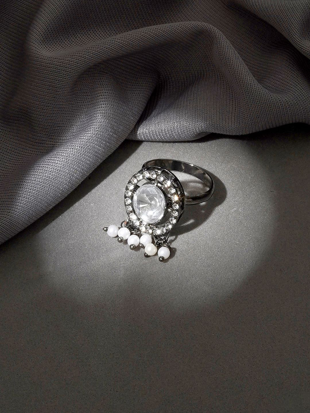 TEEJH Falguni Silver Pearl Beaded Oxidised Finger Ring