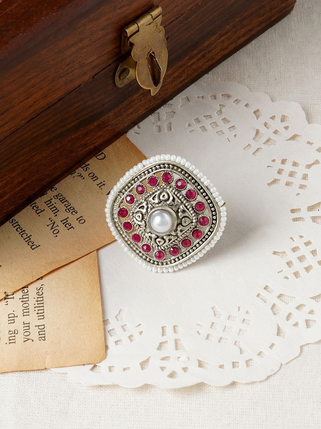 TEEJH Bhavashankari Silver-Plated Stone-Studded Adjustable Oxidised Finger Ring