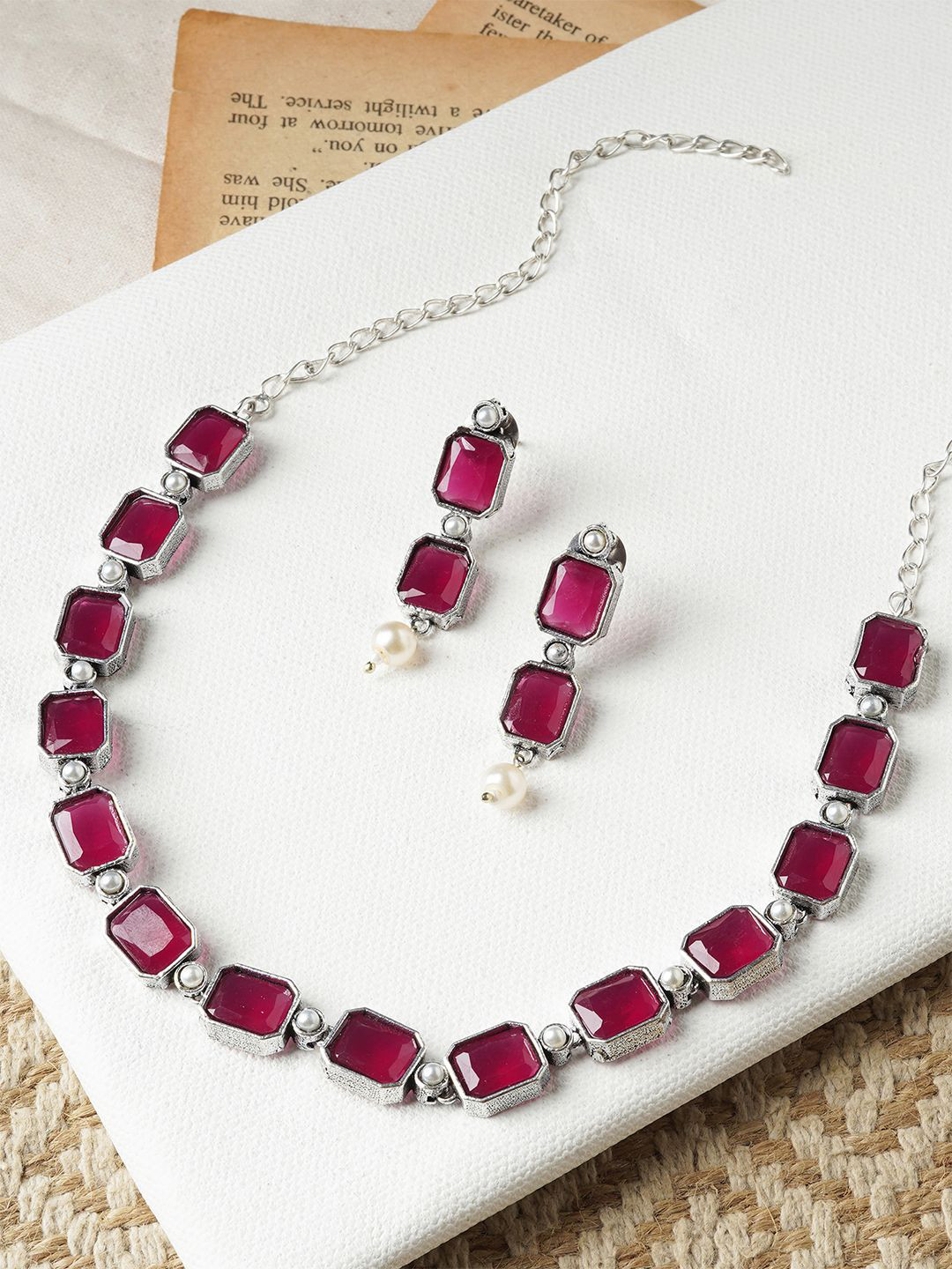 TEEJH Noir Silver Stone-Studded Jewellery Set