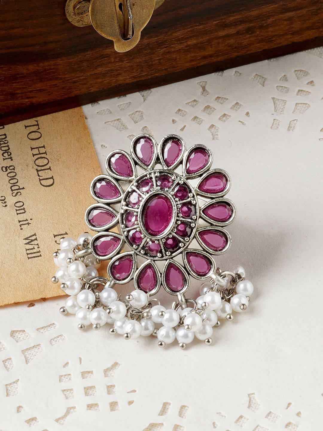 TEEJH Parbati Silver Ruby Stone Studded Oxidised Finger Rings