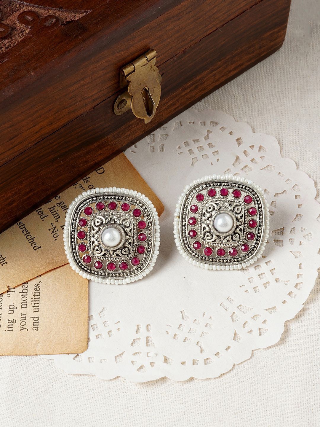 TEEJH Deval Silver Stone Studded & Beaded Oxidised Stud Earrings