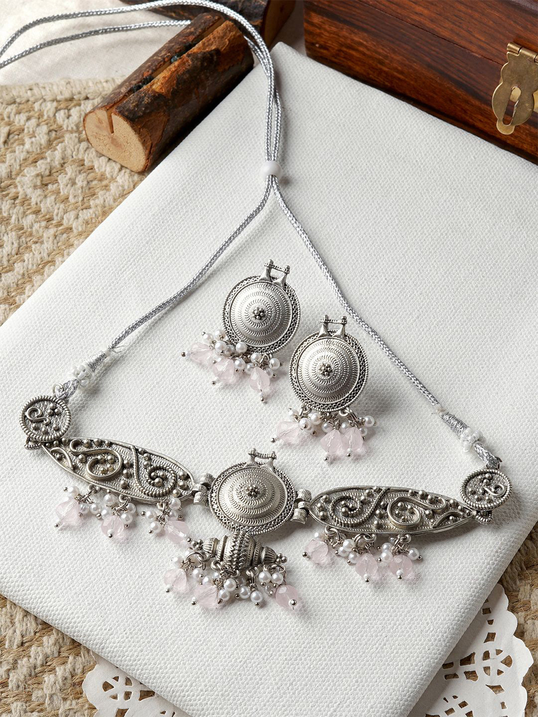 TEEJH Cera Silver Stone-Studded Oxidised Jewellery Set