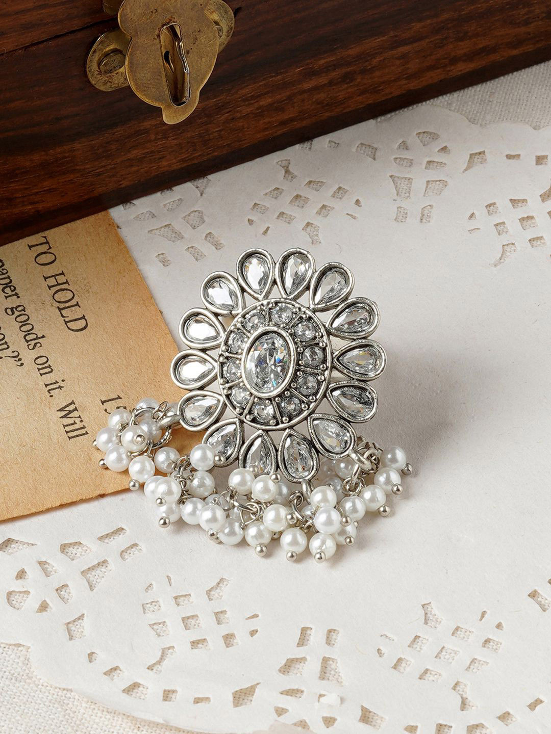 TEEJH Gowri Silver Stone-Studded Oxidised Finger Ring
