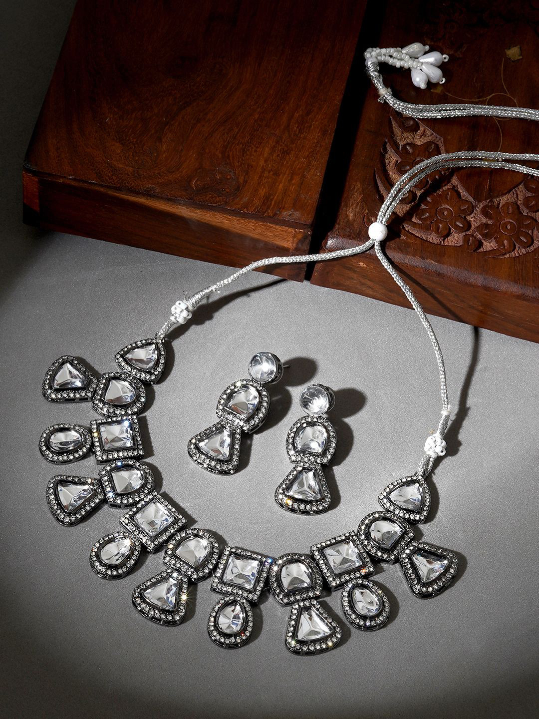 TEEJH Zahra Silver Stone-Studded Oxidised Jewellery Set