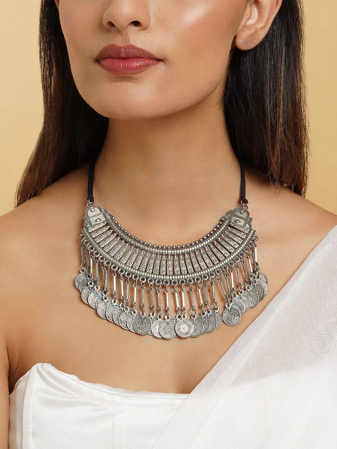 TEEJH Chamak Silver-Plated Oxidised Necklace