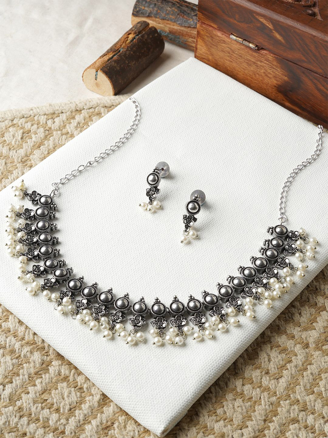 TEEJH Moonlit Symphony Oxidised Stone-Studded & Beaded Jewellery Set